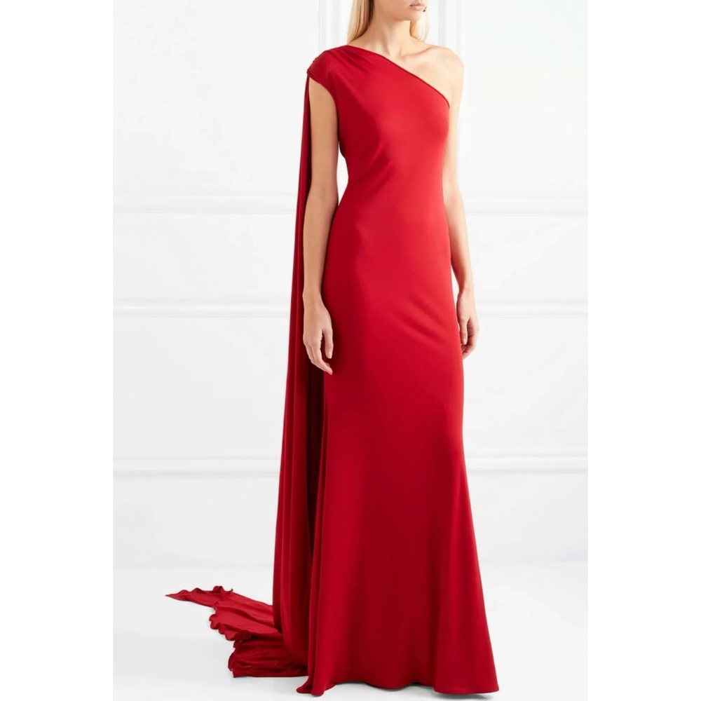 NAEEM KHAN One Shoulder Jersey Draped Train Gown